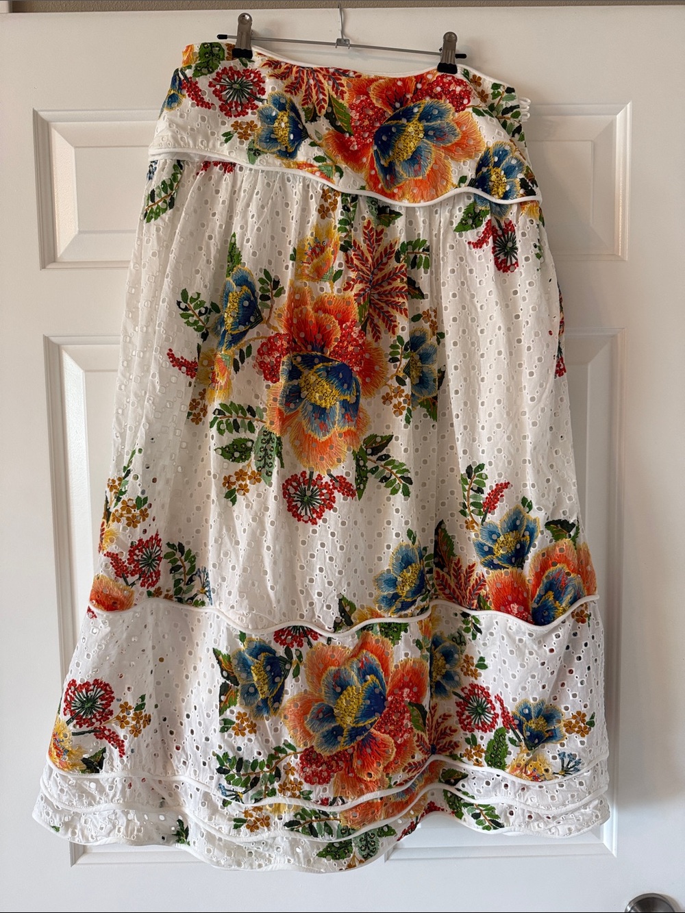 FARM Rio White Eyelet Midi Skirt with Colorful Floral Print